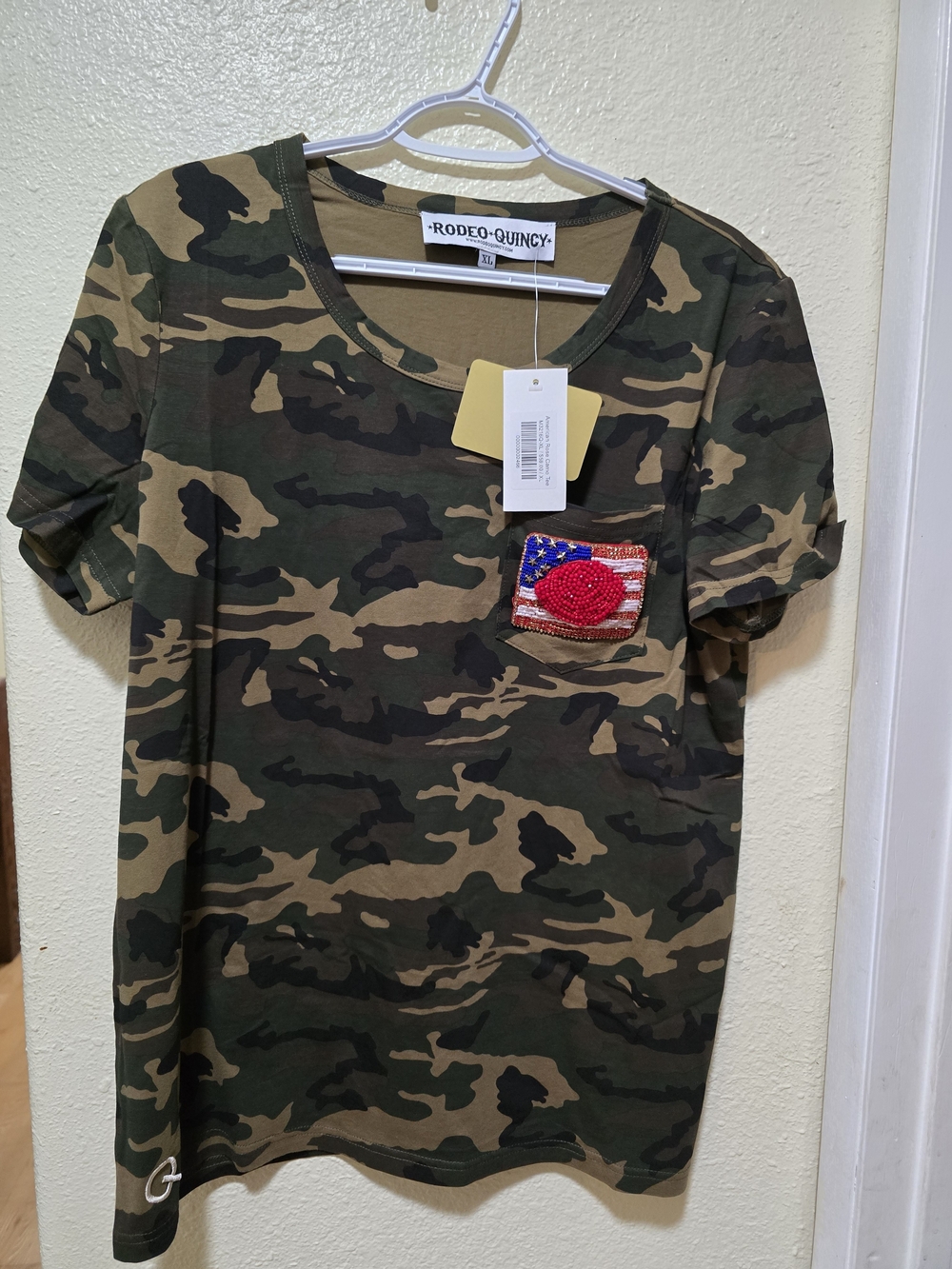 Rodeo Quincy New Released Camo Pocket Tee with Flag Sequin Accent